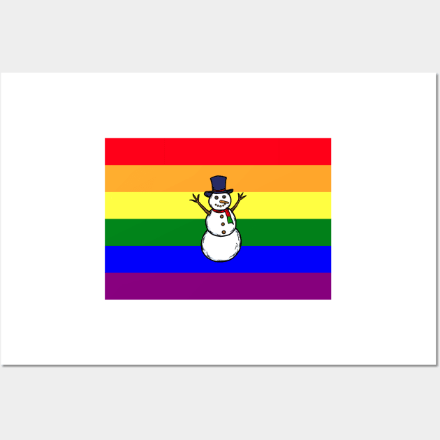 A hand drawn of a gay snowman on rainbow pride flag background, Wall Art by Nalidsa